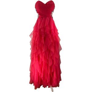 Masquerade hot pink Strapless Ruffled Gown With Rhinestones Size 1/2 Prom Dre